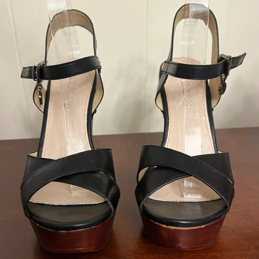 Aldo Leather Platform Sandals Black Studded wood Block Heel Size 10 NWOT